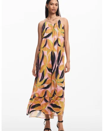 Rochie lunga cu model floral, Negru/Portocaliu/Roz