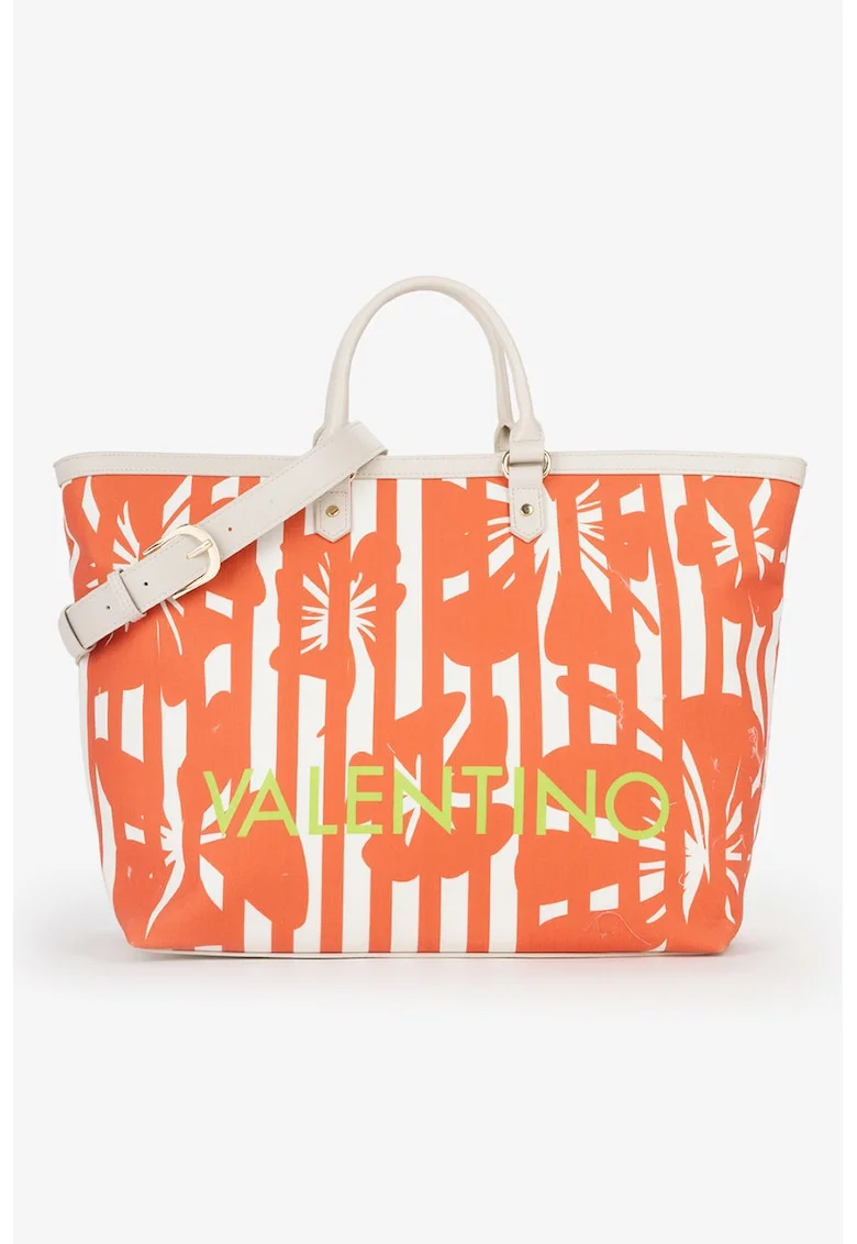 Geanta shopper din piele ecologica cu model floral, Alb/Portocaliu
