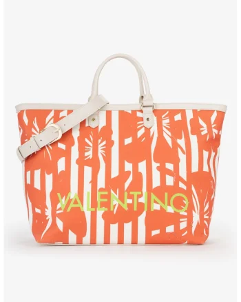 Geanta shopper din piele ecologica cu model floral, Alb/Portocaliu