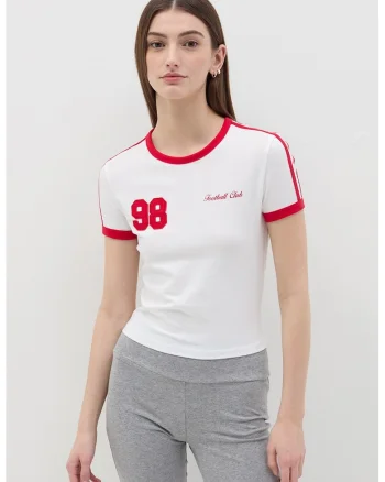 Tricou crop cu croiala slim-fit, Rosu/Alb optic