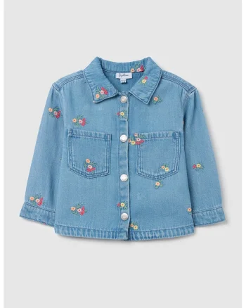 Jacheta-camasa din denim cu broderie, Albastru pastel
