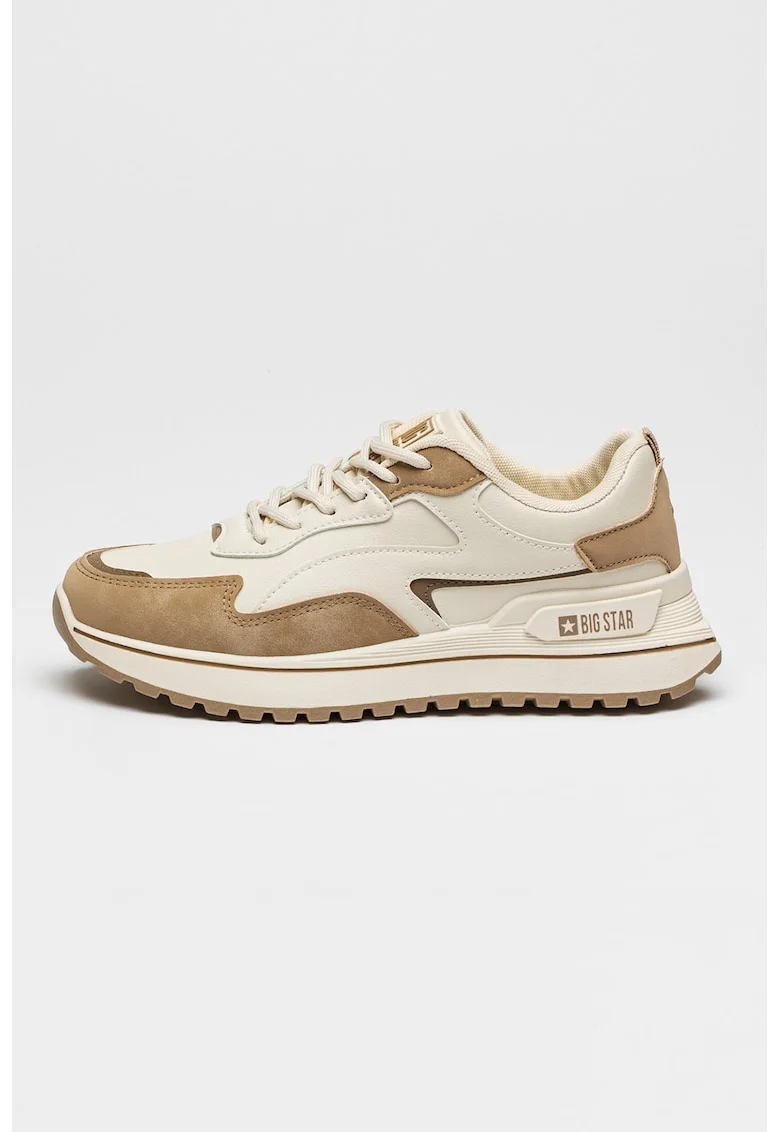 Pantofi sport din piele ecologica cu model colorblock, Alb/Maro taupe