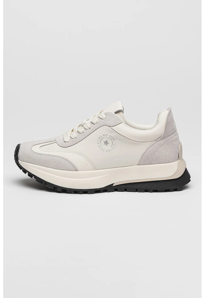Pantofi sport cu talpa wedge si garnituri din piele intoarsa si material textil, Gri/Alb murdar