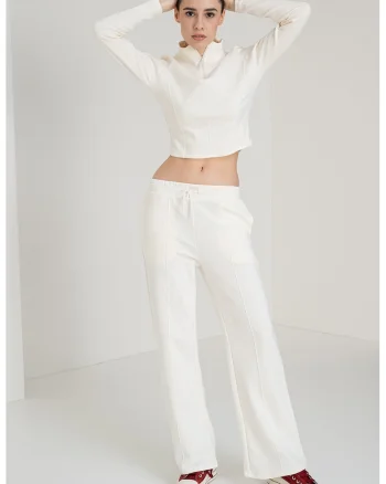 Bluza crop cu fenta cu fermoar, Crem