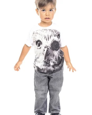 Tricou cu decolteu la baza gatului si model foto, Alb optic/Gri inchis