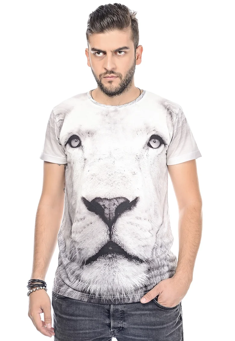 Tricou cu imprimeu foto, Alb/Gri inchis