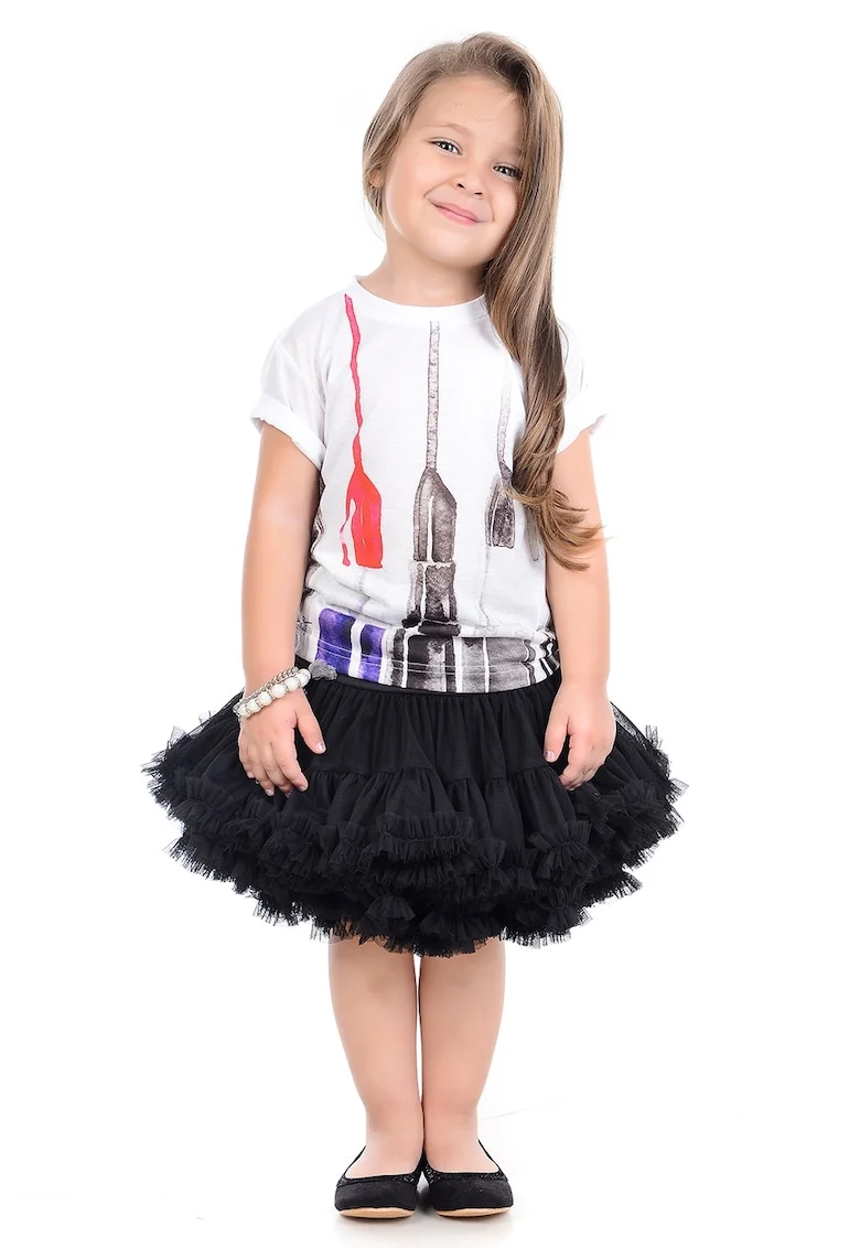Tricou cu decolteu la baza gatului si imprimeu grafic, Alb fildes/Negru