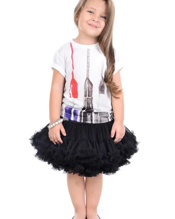 Tricou cu decolteu la baza gatului si imprimeu grafic, Alb fildes/Negru