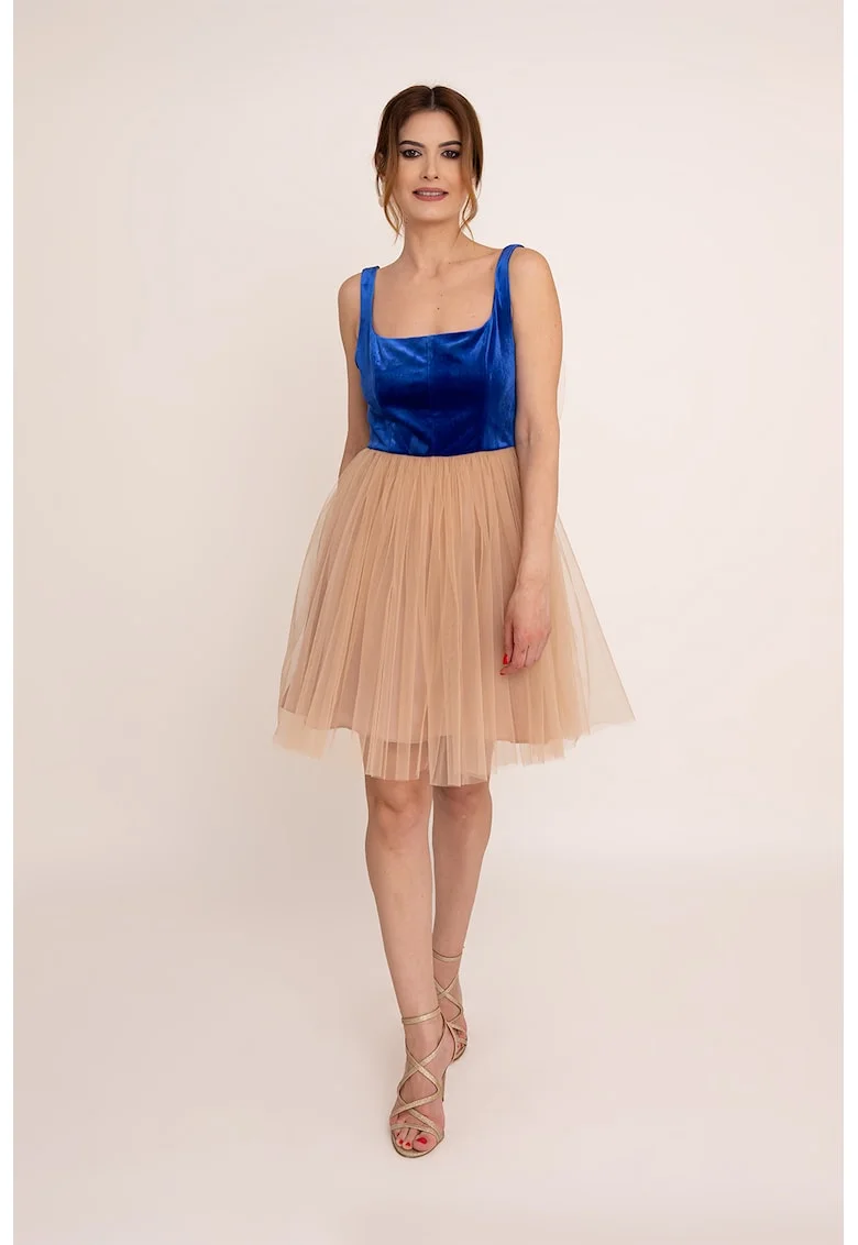 Rochie scurta cu funda Valeria, Albastru royal/Maro nisip