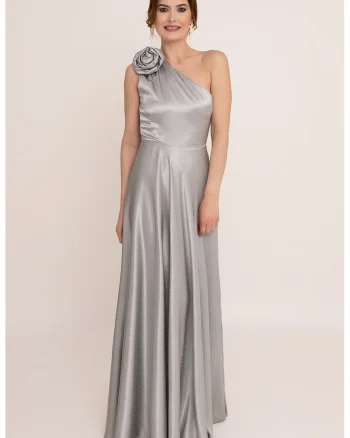 Rochie lunga cu decolteu pe un umar Charm, Gri deschis