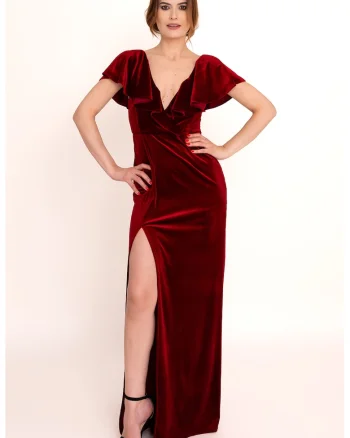 Rochie din catifea cu slit lateral Whispers, Rosu inchis