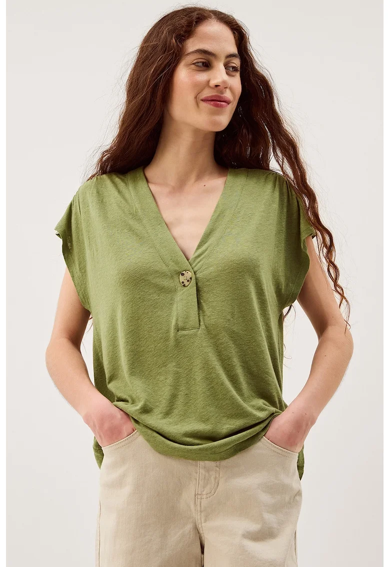 Bluza din amestec de in cu decolteu in V, Verde masliniu