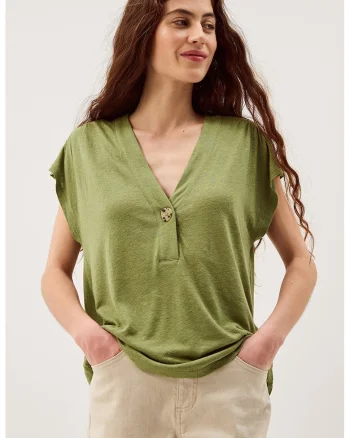 Bluza din amestec de in cu decolteu in V, Verde masliniu