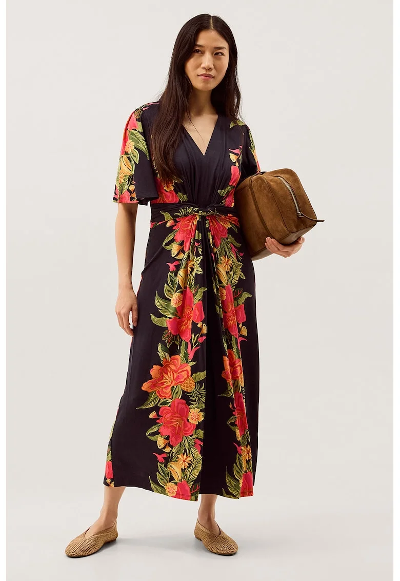 Rochie cu model floral si decolteu in V, Rosu/Verde/Albastru ultramarin