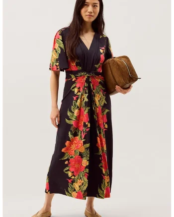 Rochie cu model floral si decolteu in V, Rosu/Verde/Albastru ultramarin