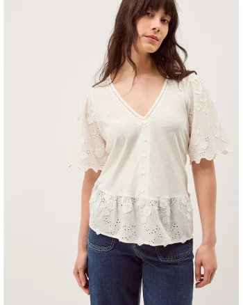 Bluza de bumbac si modal cu decolteu in V, Alb murdar