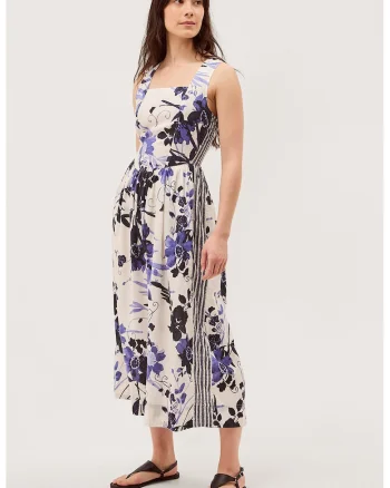 Rochie cu model si decolteu patrat, Alb/Albastru