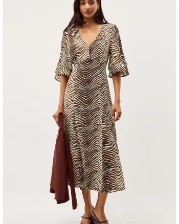 Rochie midi evazata cu decolteu in V, Crem/Maro pamantiu