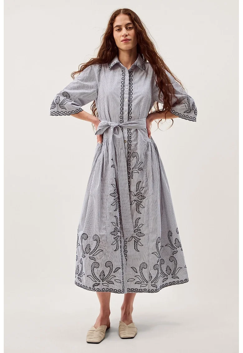 Rochie evazata de bumbac, Alb/Bleumarin