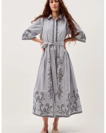 Rochie evazata de bumbac, Alb/Bleumarin