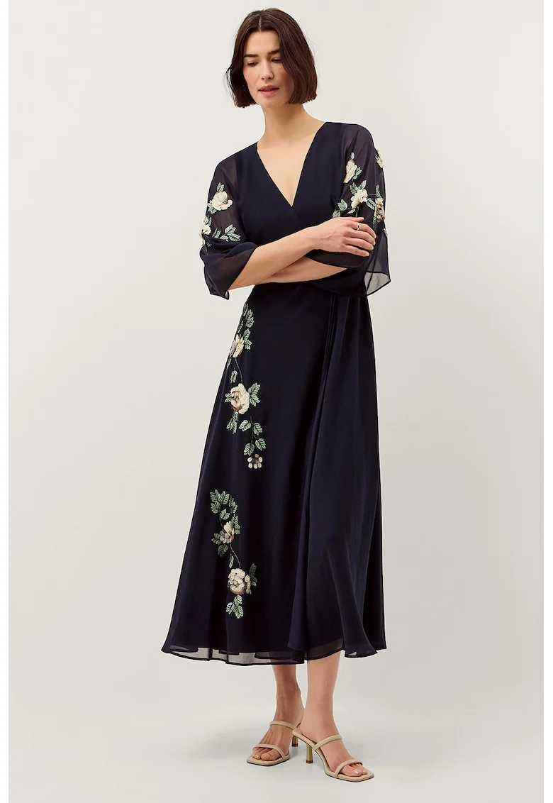 Rochie cu design floral si decolteu in V, Alb/Verde/Albastru ultramarin