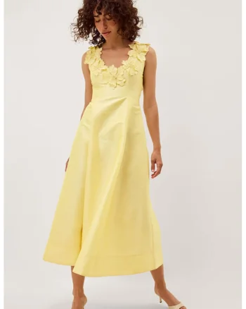 Rochie lunga cu aplicatii florale Phoebe, Galben pai