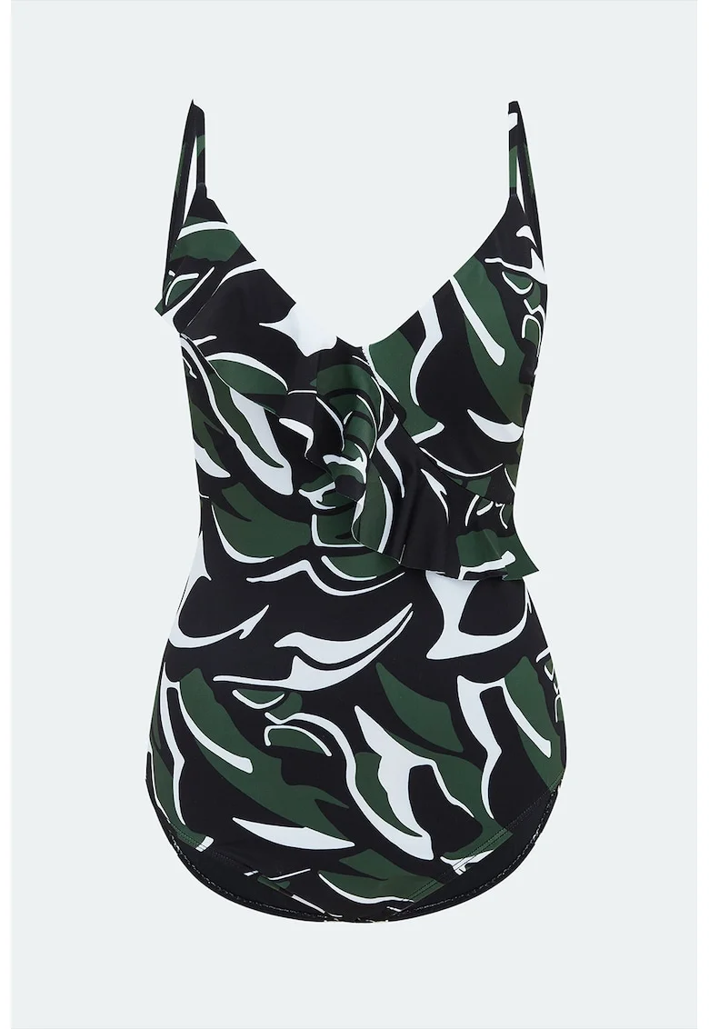 Costum de baie intreg cu model si volane, Alb/Negru