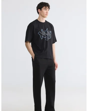 Tricou din bumbac cu imprimeu text, Negru/Albastru inchis