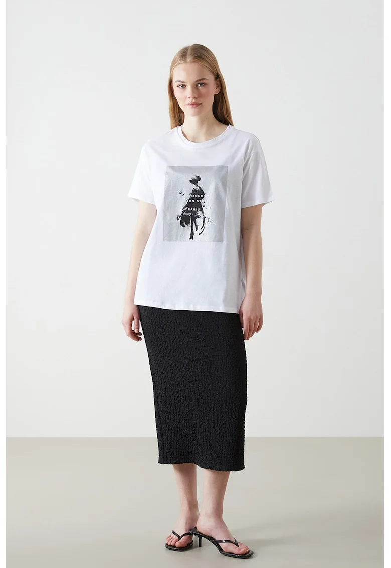 Tricou cu decolteu rotund si imprimeu, Alb/Negru