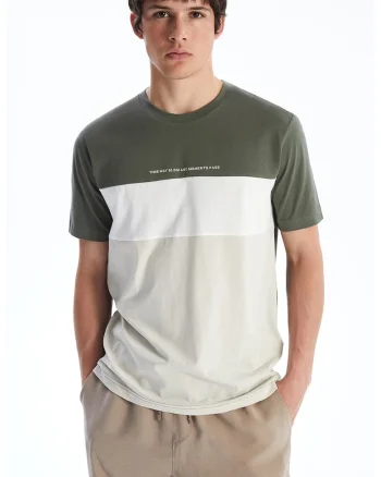 Tricou cu decolteu la baza gatului si design colorblock, Alb/Kaki