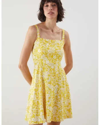 Rochie cu decolteu patrat si imprimeu floral, Galben/Alb murdar
