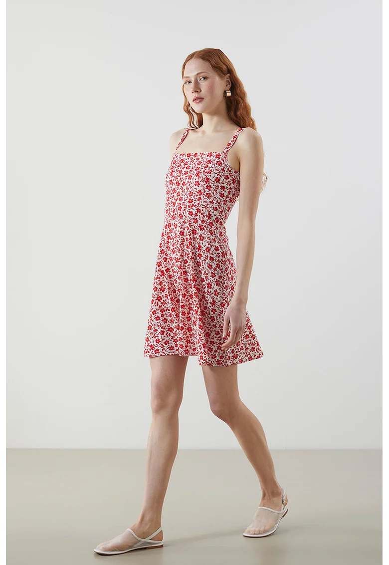 Rochie cu decolteu patrat si imprimeu floral, Rosu/Alb