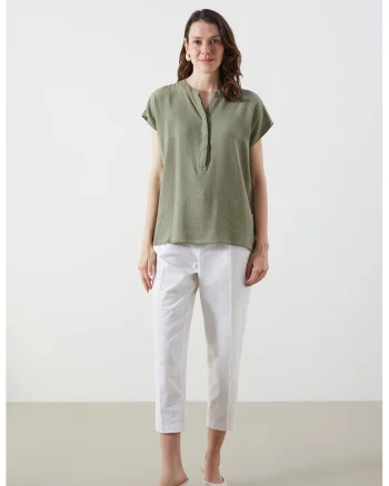 Bluza texturata cu decolteu in V, Kaki deschis