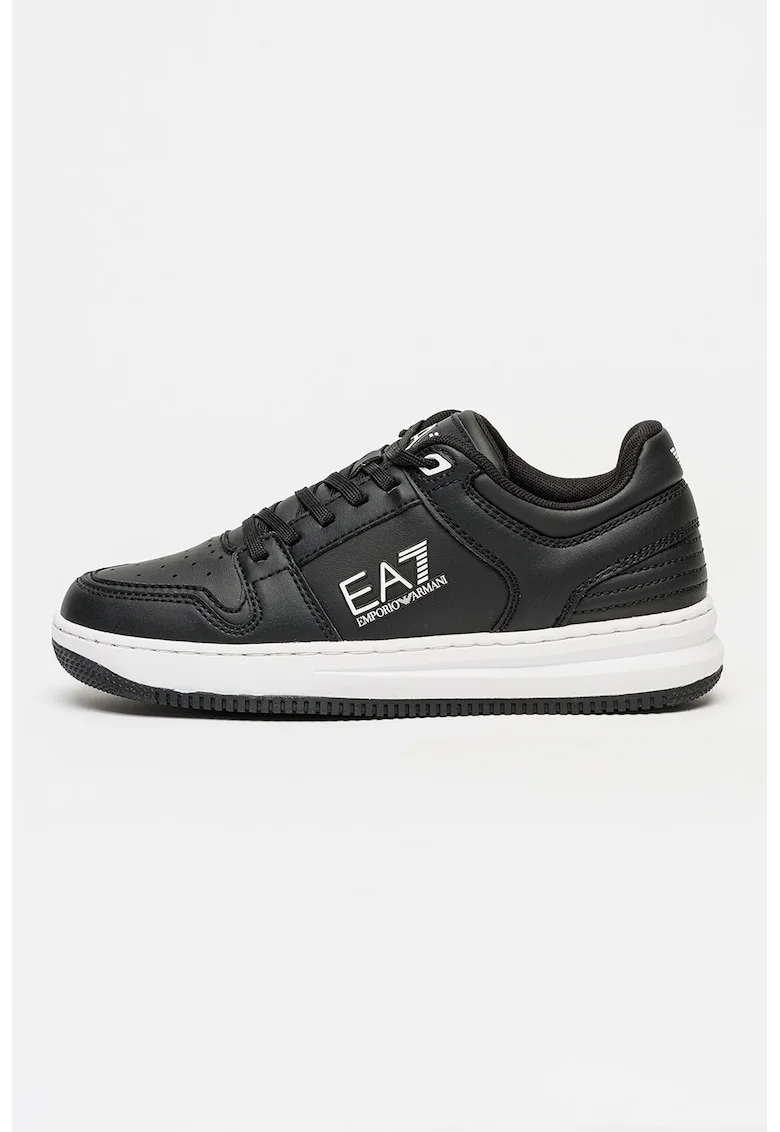 Pantofi sport de piele ecologica cu logo, Negru/Alb optic
