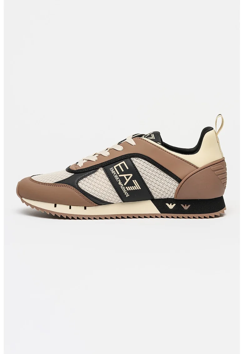 Pantofi sport din piele ecologica cu insertii din plasa, Bej/Caramel