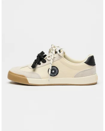 Pantofi sport cu piele intoarsa si insertii din piele, Crem
