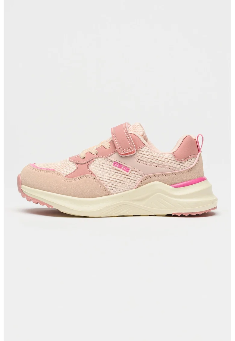 Pantofi sport cu velcro, plasa si piele ecologica, Roz pastel/Roz prafuit