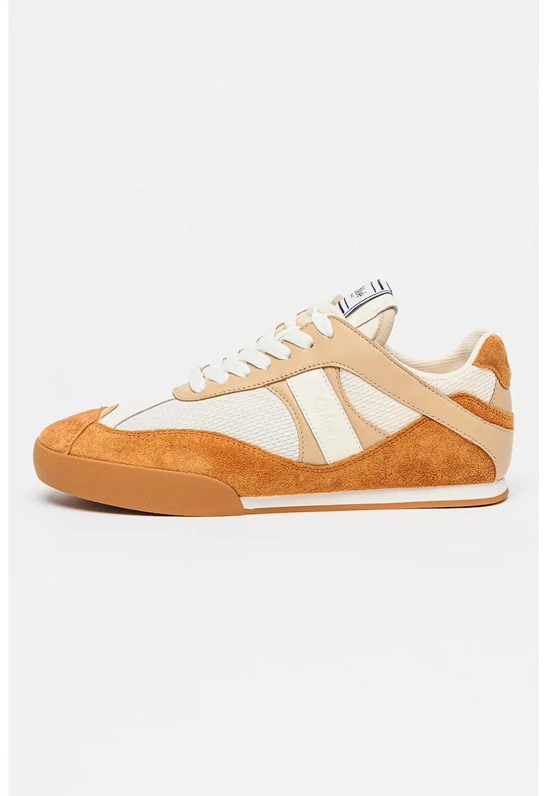 Pantofi sport Kick cu piele intoarsa si insertii din piele, Alb/Caramel