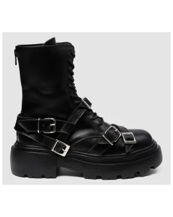 Ghete din piele cu catarame decorative, Negru, Negru