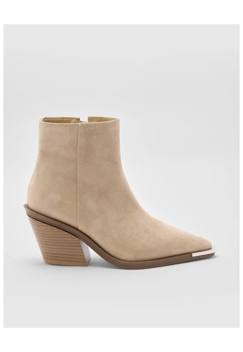 Botine din piele intoarsa cu toc cubanez, Bej