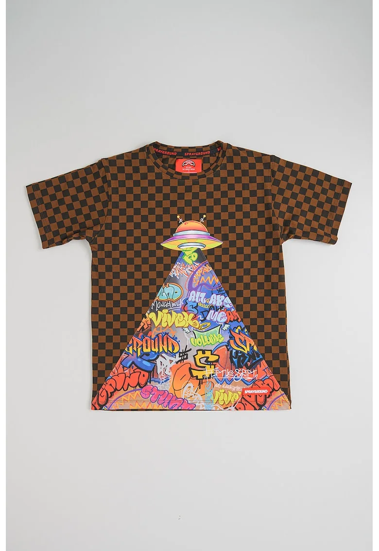 Tricou in carouri cu imprimeu grafic, Maro/Multicolor