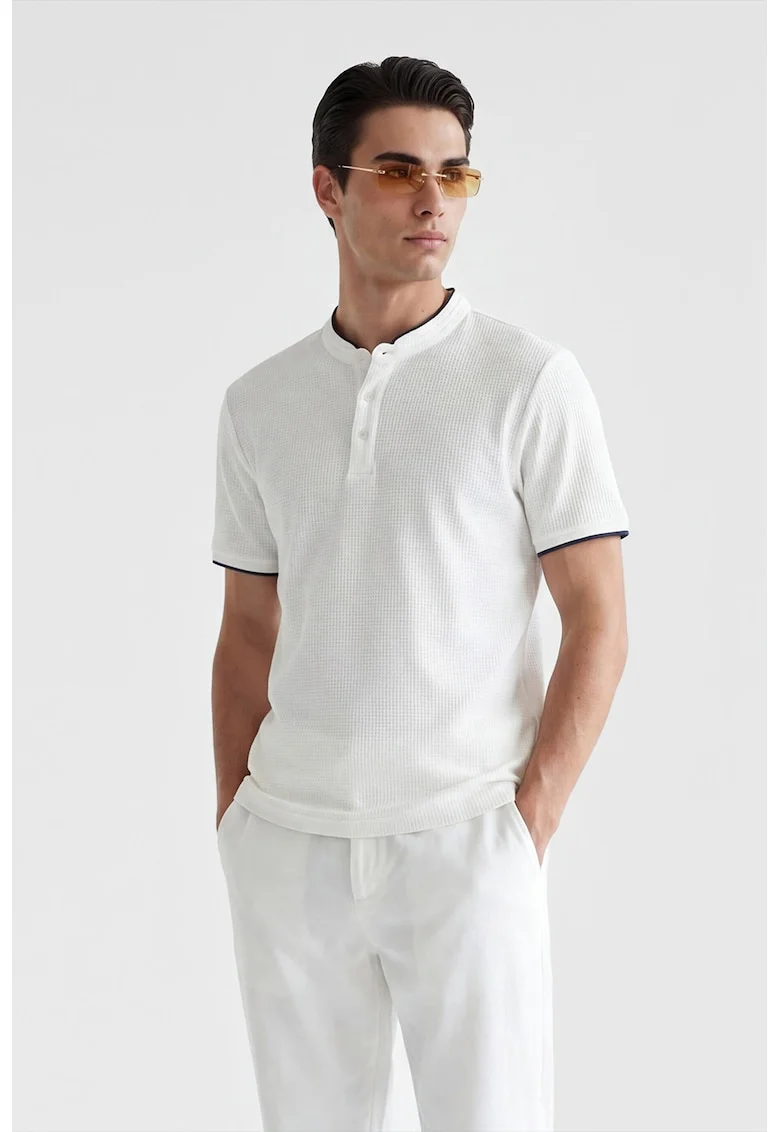 Tricou de bumbac cu fenta cu nasturi, Alb/Bleumarin
