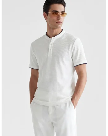 Tricou de bumbac cu fenta cu nasturi, Alb/Bleumarin