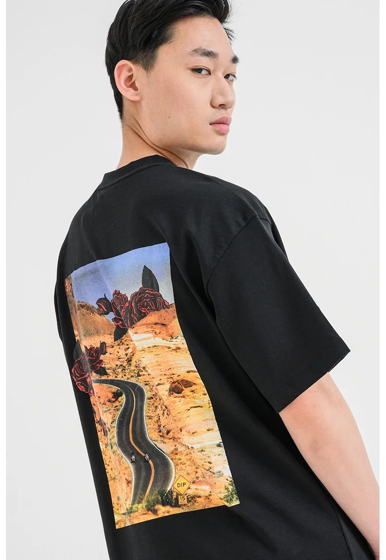 Tricou de bumbac cu imprimeu pe spate, Negru