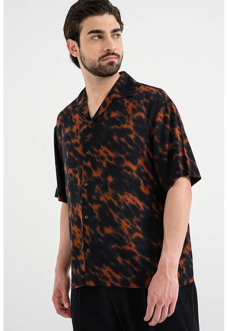 Camasa relaxed fit cu model, Negru/Maro