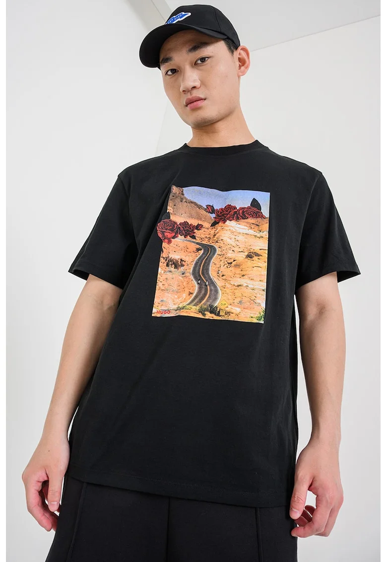 Tricou de bumbac cu imprimeu grafic, Negru