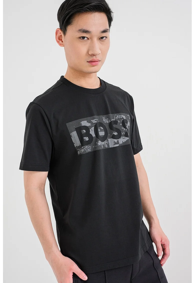 Tricou cu decolteu la baza gatului si logo, Negru