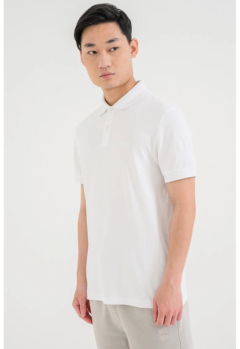 Tricou polo regular fit cu logo, Alb optic