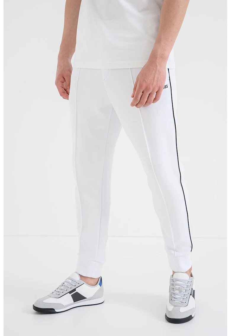 Pantaloni conici de trening cu cusaturi decorative Join, Negru/Alb optic