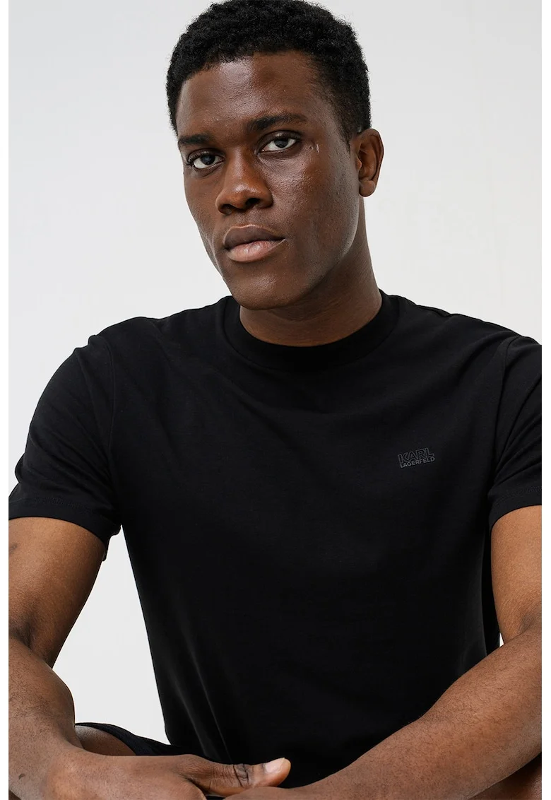 Tricou slim fit cu decolteu la baza gatului, Negru stins